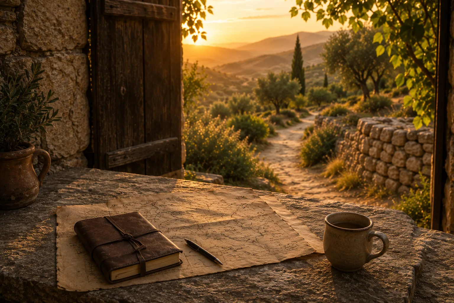 A journal, hand-drawn map and cup on a stone ledge overlooking a valley at sunset