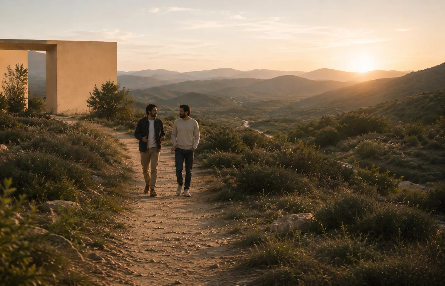 Two people walking a hillside path together at sunset