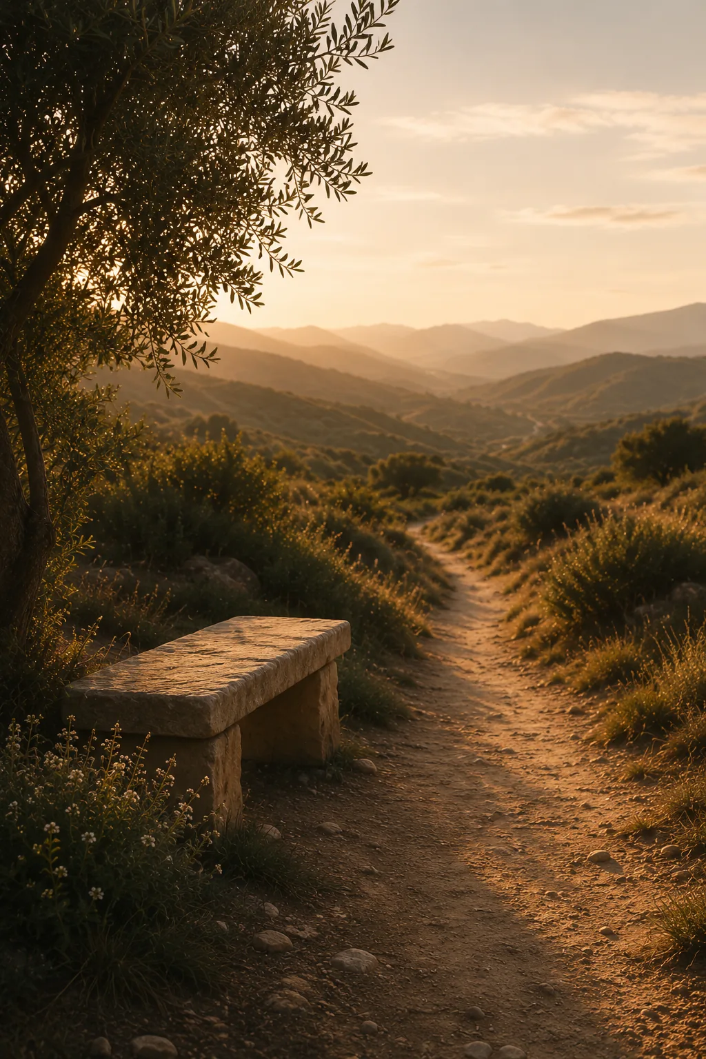 A stone bench beside a path under an olive tree at sunset