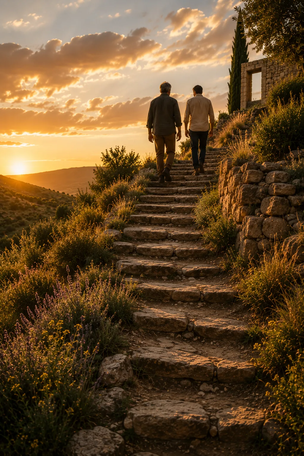 Two people walking up stone steps together at sunset